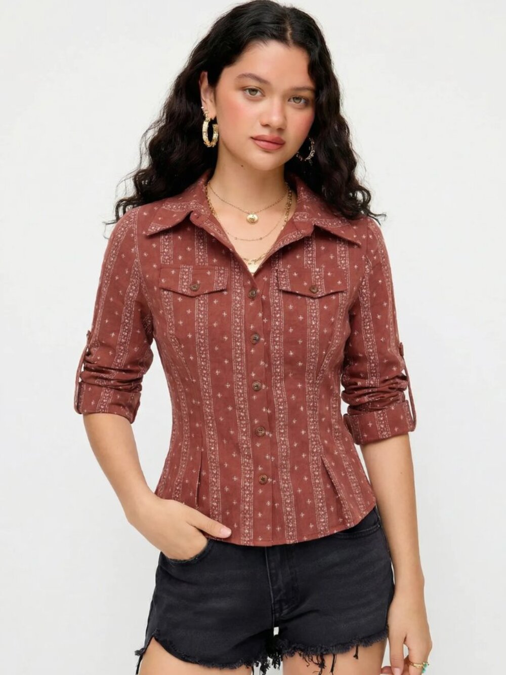 NWT Cider Button-Up Fitted Western Print Long-Sleeve Blouse, Size: M